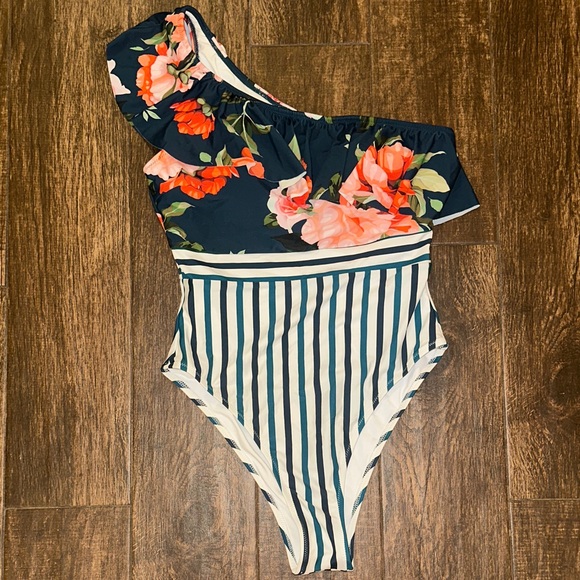 Other - Floral & Stripe One Piece Swimsuit Large Dark Teal Ruffle Shoulder